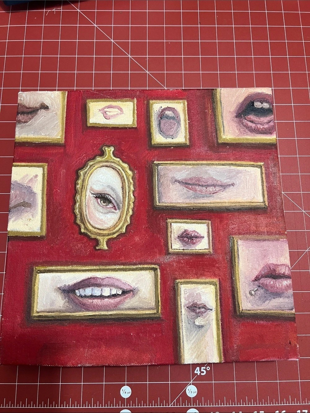 Framed Lips original Painting in Red & Gold no signature